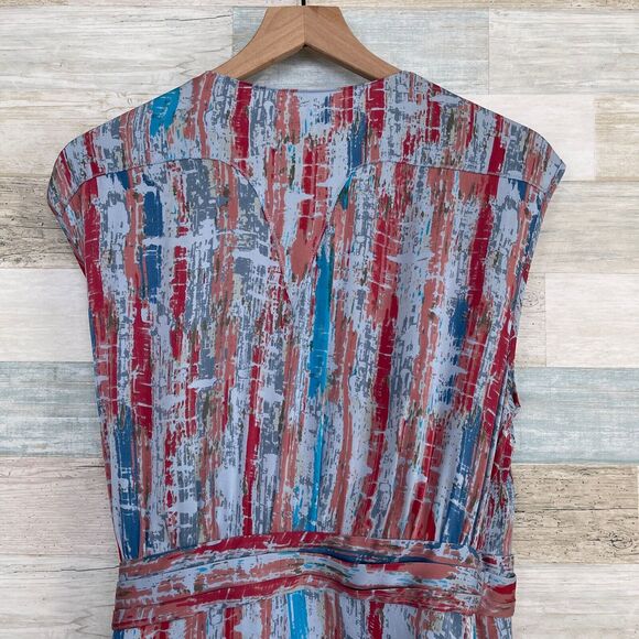 Catherine Malandrino Silk Tie Wrap Dress Blue Print Pleated Casual Womens 10 - Picture 7 of 8